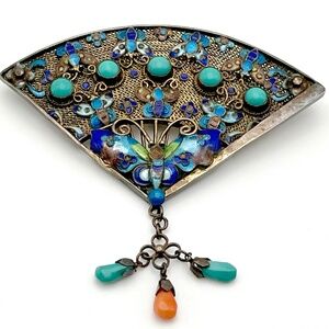 Vintage 1930's Silver Fan Brooch Decorated with Enamel Butterflies and Carnelian